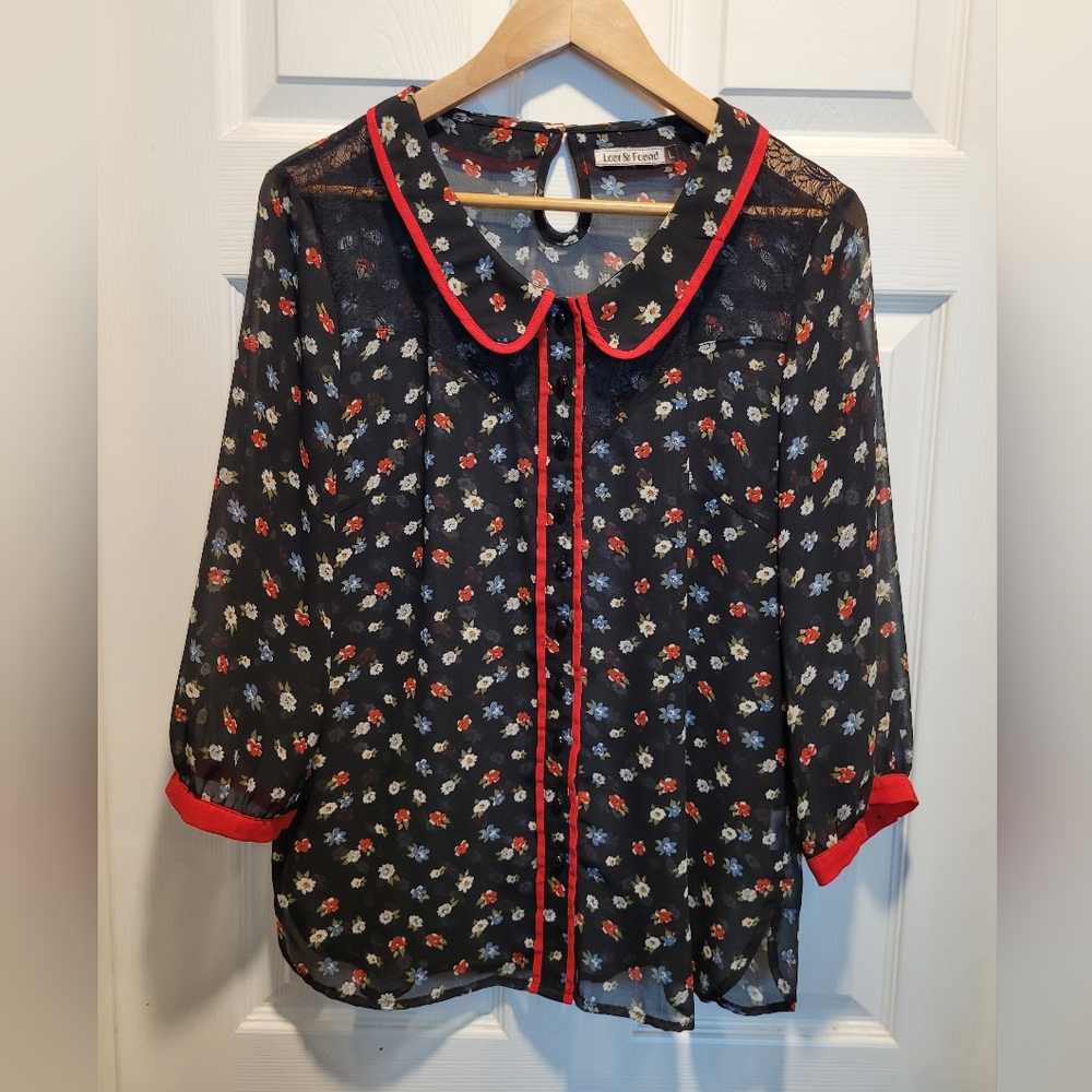 Floral sheer Lost & Found blouse with rich red trim (Lg)